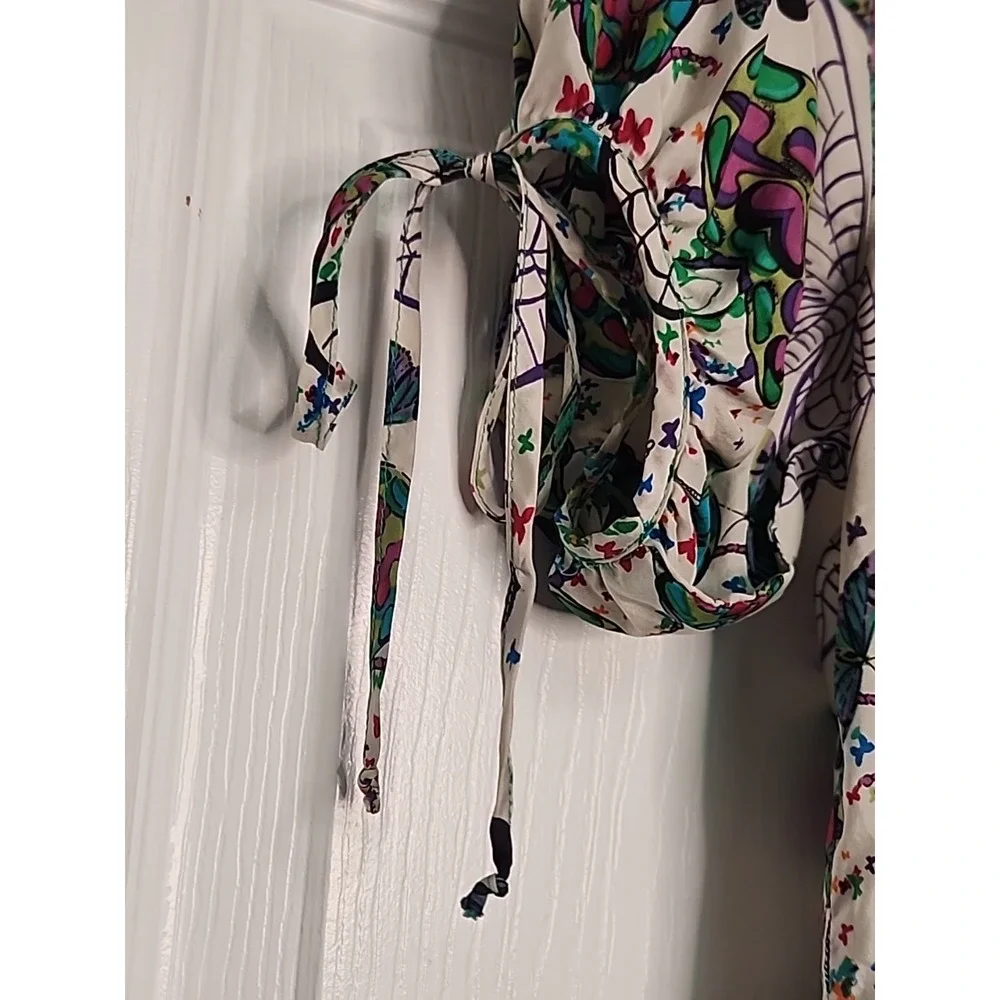 Trinity Anthropologie 100% Silk Blue & Green Butterflys Short Sleeve Top Fairy